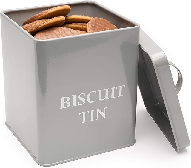 Andrew James Biscuit and Cookie Tin | Vintage Style Metal Storage Box with Lid & Handle | Rust Resistant Powder Coated Iron | 15.5 x 15.5 x 18cm (Grey)