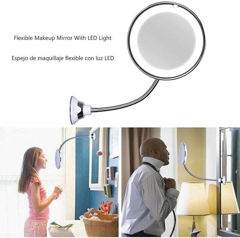 Lseqow Makeup Mirror with LED Light, Flexible Makeup Mirror with Suction Cup Swivel 360 Degree Gooseneck 10X Magnifying Mirror for Travel and Home Bathroom Vanity Mirror (Without Batteries)