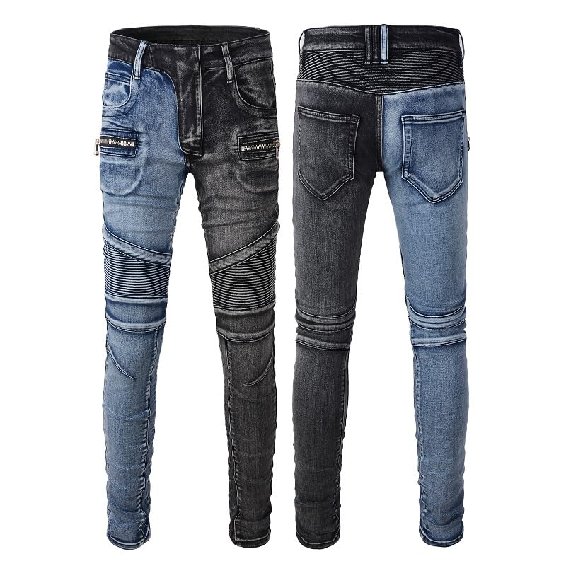 Mens Stretch Ripped Biker Jeans Skinny Zipper Pockets Riding Motorcycle Wind Distressed Cycling Pants