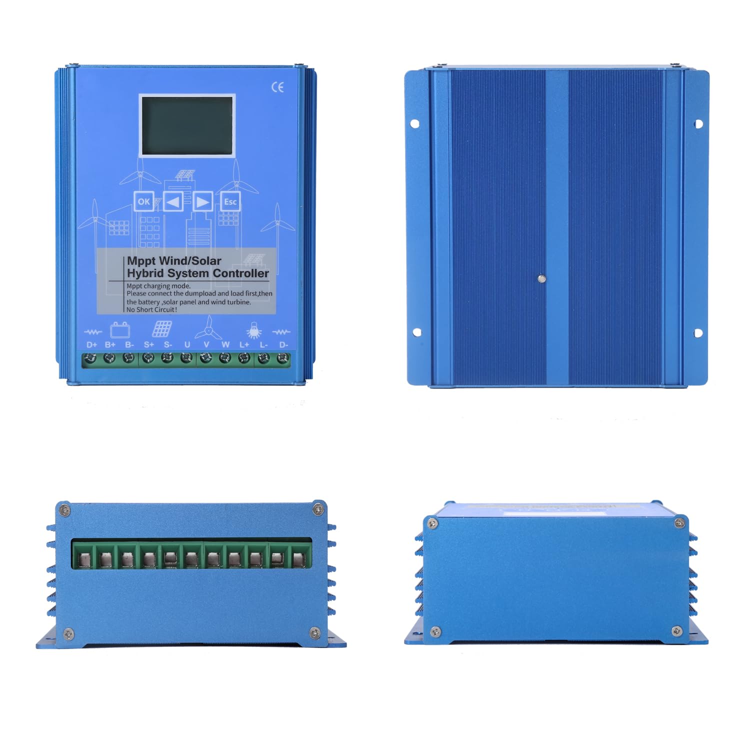 Regolatore di carica ibrido eolico da 1600 W, MPPT con funzione di carica boost, generatore eolico da 1000 W e pannello solare da 600 W, regolatore di batteria da 12 V/24 V, con funzione di dump