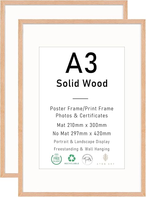 A3 Certificate Picture Frame, OAK Wood Photo Frame with mount for A4 print , Poster Frame with plexiglass for Wall Mount Display, 29.7x42 cm, Set of 2