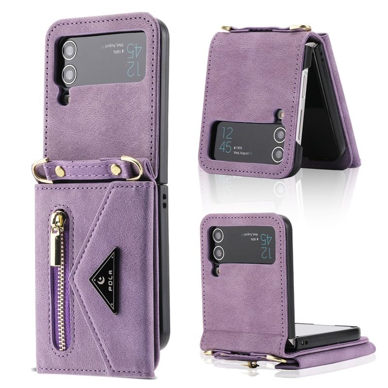 Generic Custodia compatibile con Samsung Galaxy Z Flip 6 (colore: viola) antiurto portafoglio in pelle slot per carte di credito custodia flip con tracolla