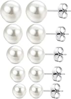 5 Pairs Hypoallergenic Faux Pearl Stud Earrings for Women - Stainless Steel, Nickel-Free Starter Set with Storage Box
