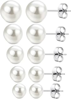 5 Pairs Hypoallergenic Faux Pearl Stud Earrings for Women - Stainless Steel, Nickel-Free Starter Set with Storage Box