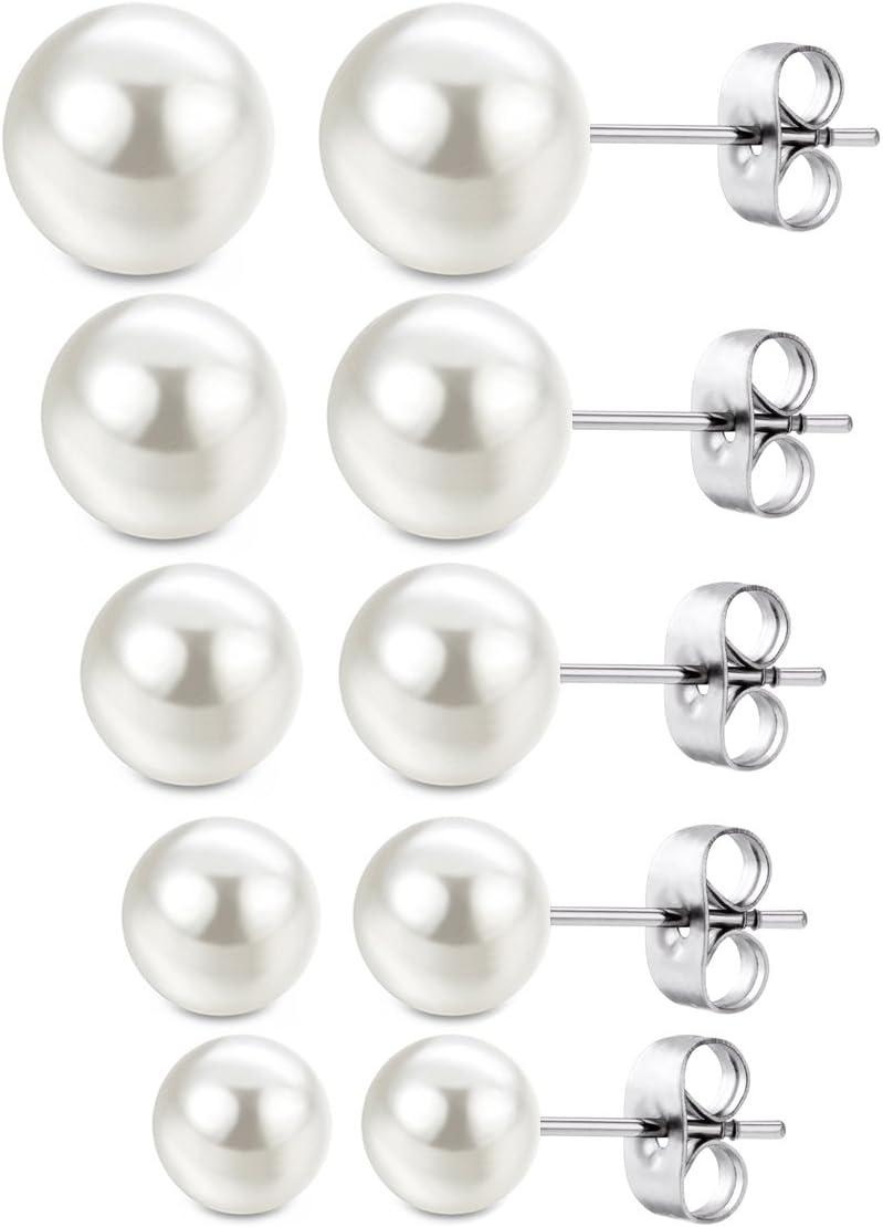 Faux Pearl Stud Earrings 5 Pairs, Stainless Steel Hypoallergenic Starter Set for Women