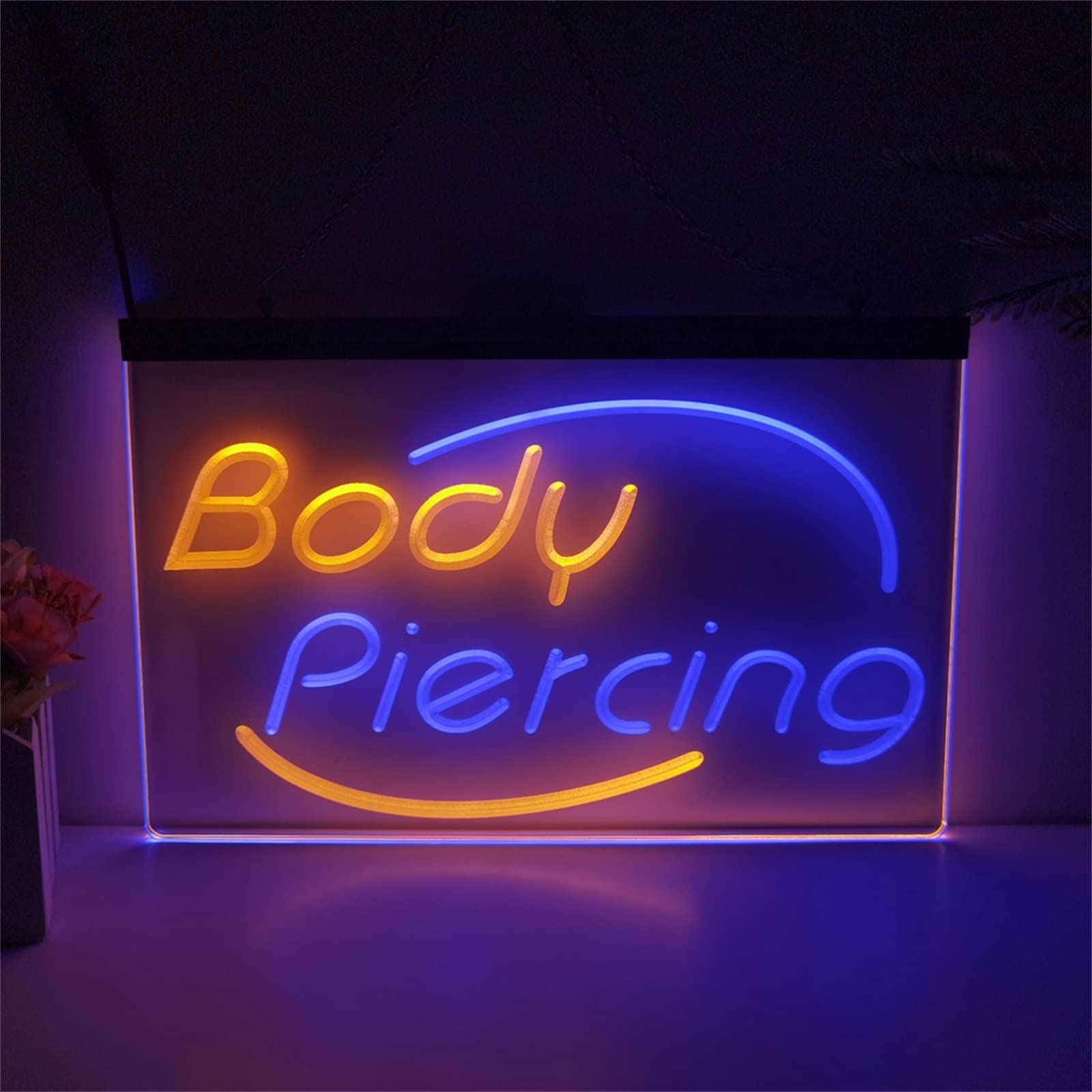 Insegna al neon a LED per piercing al corpo, luci al neon 3D USB a 2 colori personalizzate, per negozio di piercing d'arte spa salone di bellezza appeso decorativo dimmerabile,Blue orange,40x30cm
