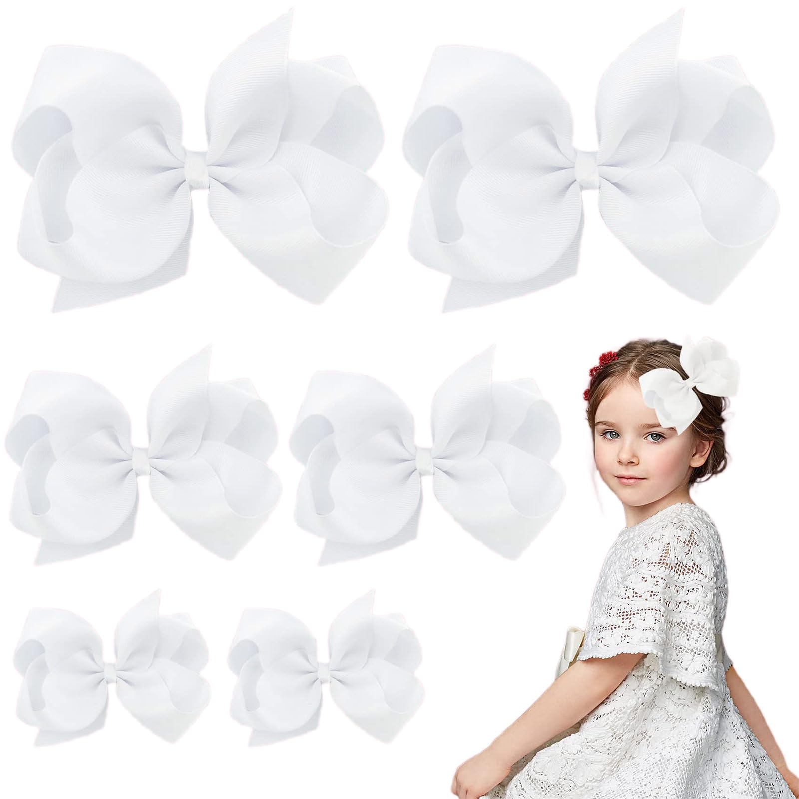 6 Pack Hairs Bow Clips, hair bow white,3 Sizes White Bow for Girls White Bows for Hair School Hair Accessories(6 inch, 4 inch, 3 inch)