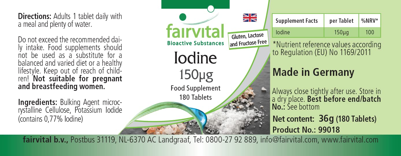 fairvital Compresse di iodio, 180 compresse, facili da deglutire, ALTO DOSAGGIO con 150 µg di iodio per compressa, a base di ioduro di potassio, VEGANE