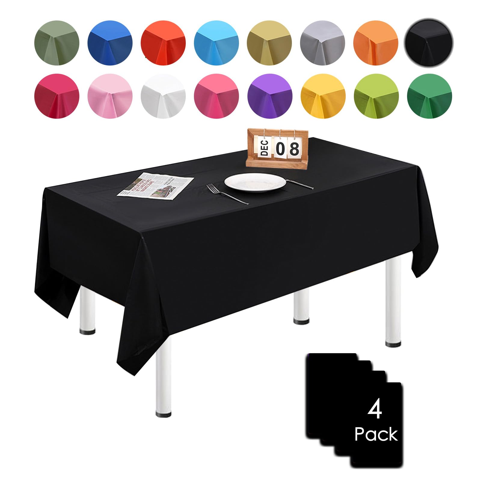 Disposable Rectangular Tablecloth, Pack of 4, 137 x 274 cm, Black, Waterproof, Stain Protection, Tablecloths for Birthday Party, Wedding, Christmas, Children's Birthday, Dining Room, Garden, - Black