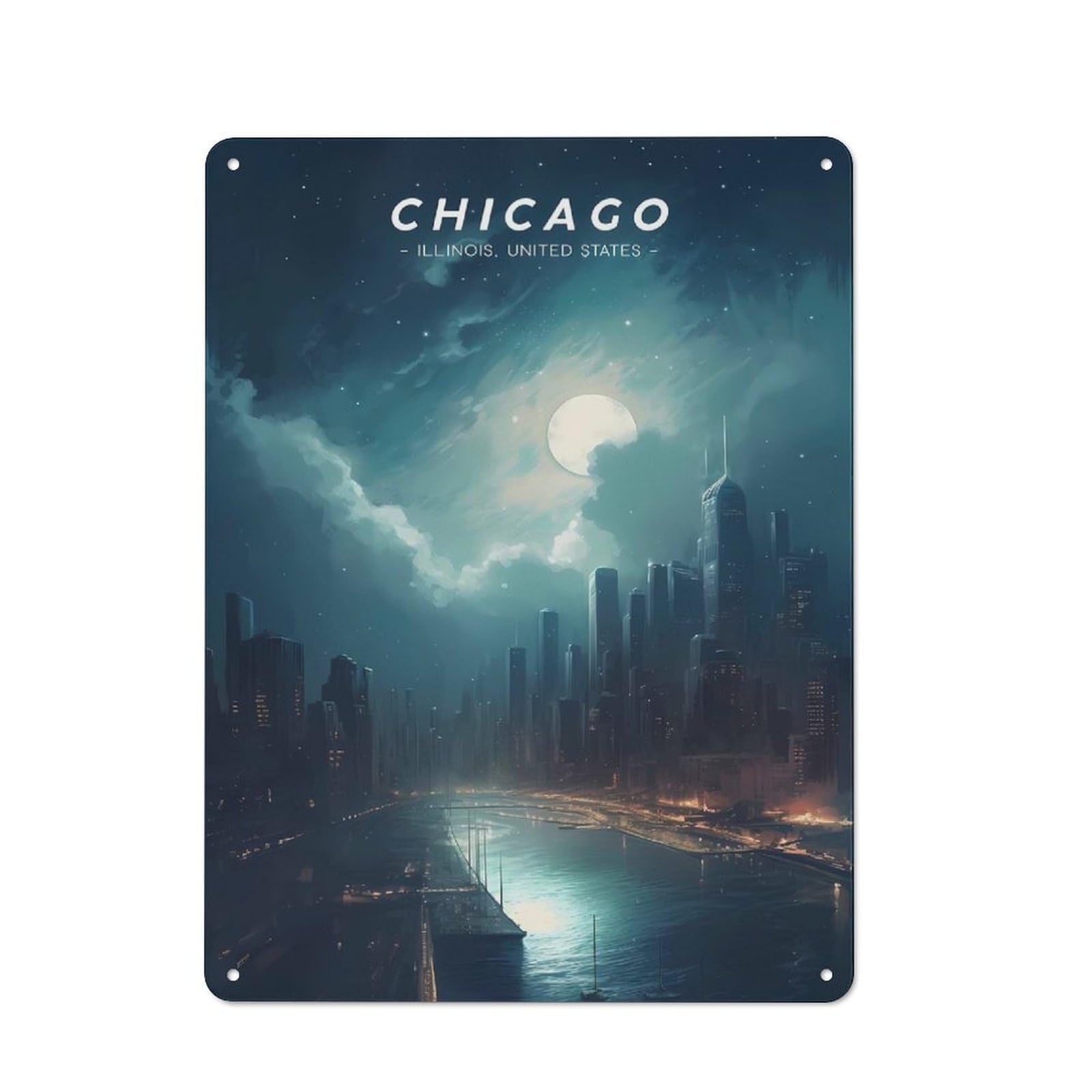 Junmoney Style-7 Chicago Urban Skyline Retro Metal Wall Decor 40X30cm, Retro Metal Sign For Garage, Hobby Room, Office Or Man Cave