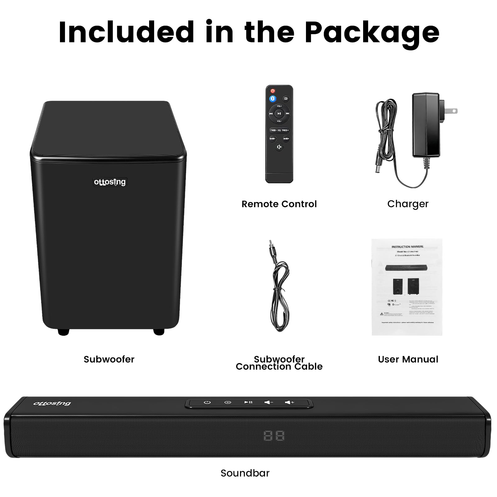 Barra de sonido Bluetooth con subwoofer inalámbrico, barra de sonido con entradas ópticas/ARC/AUX y Bluetooth 5.0, sistema de sonido envolvente de 2.1 canales para TV, PC, juegos, música