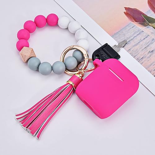 Miniatura 6 de Compatible con Airpod, bonita funda protectora de silicona con llavero de pulsera para mujeres y niñas (rosa fucsia)