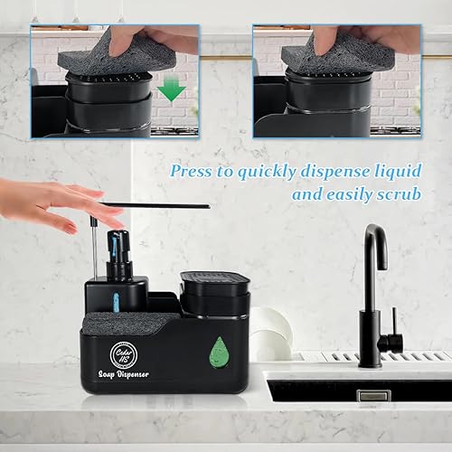 Miniatura 2 de Juego de dispensador de jabón para manos y platos de cocina (negro) - Botellas de doble bomba con organizador de esponja, soporte para cepillo,