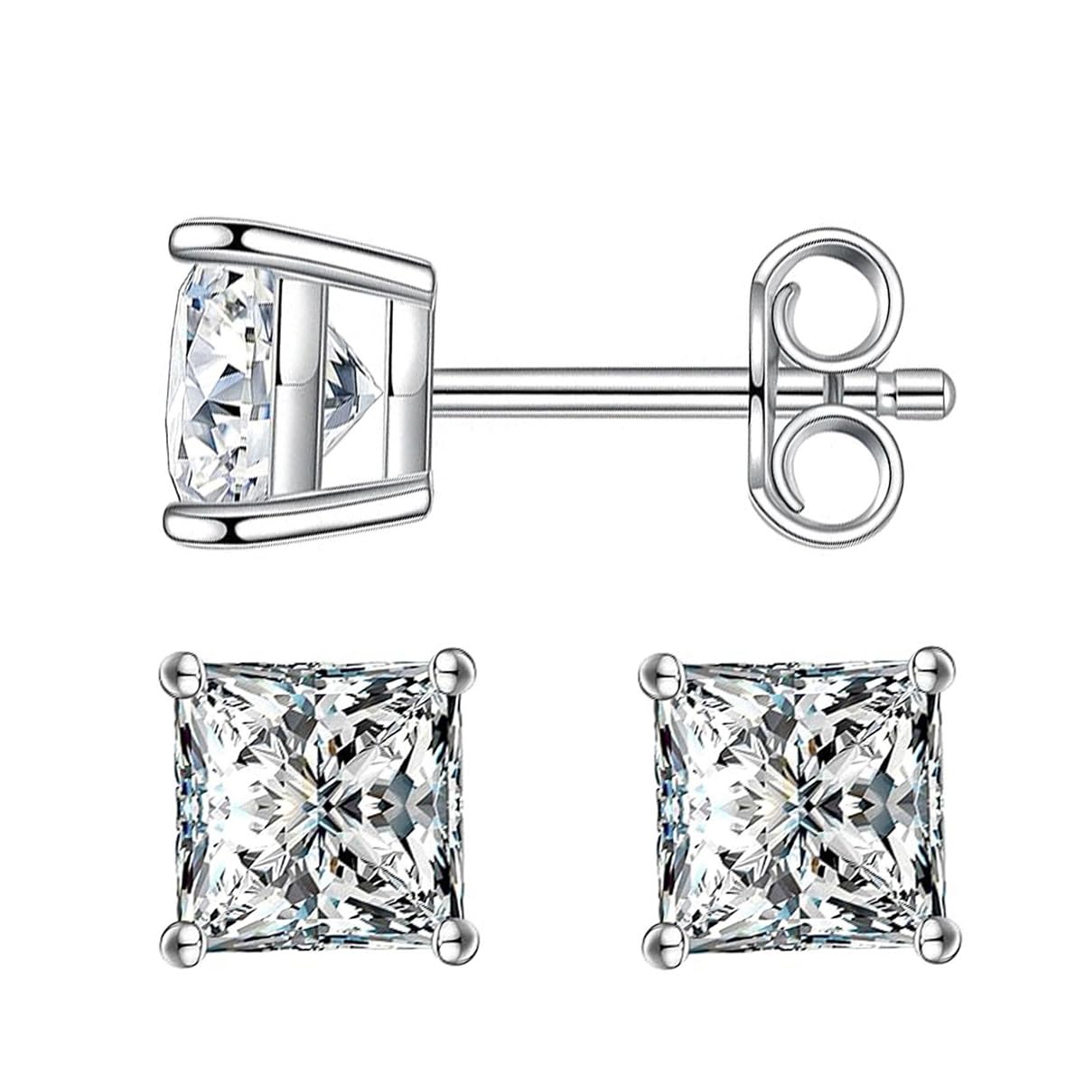 Delzzad S925 Princess Cut D Color VVS1 Synthetic Moissanite Stud Earrings Square Earrings For Women Men Hypoallergenic Sterling Silver Earrings