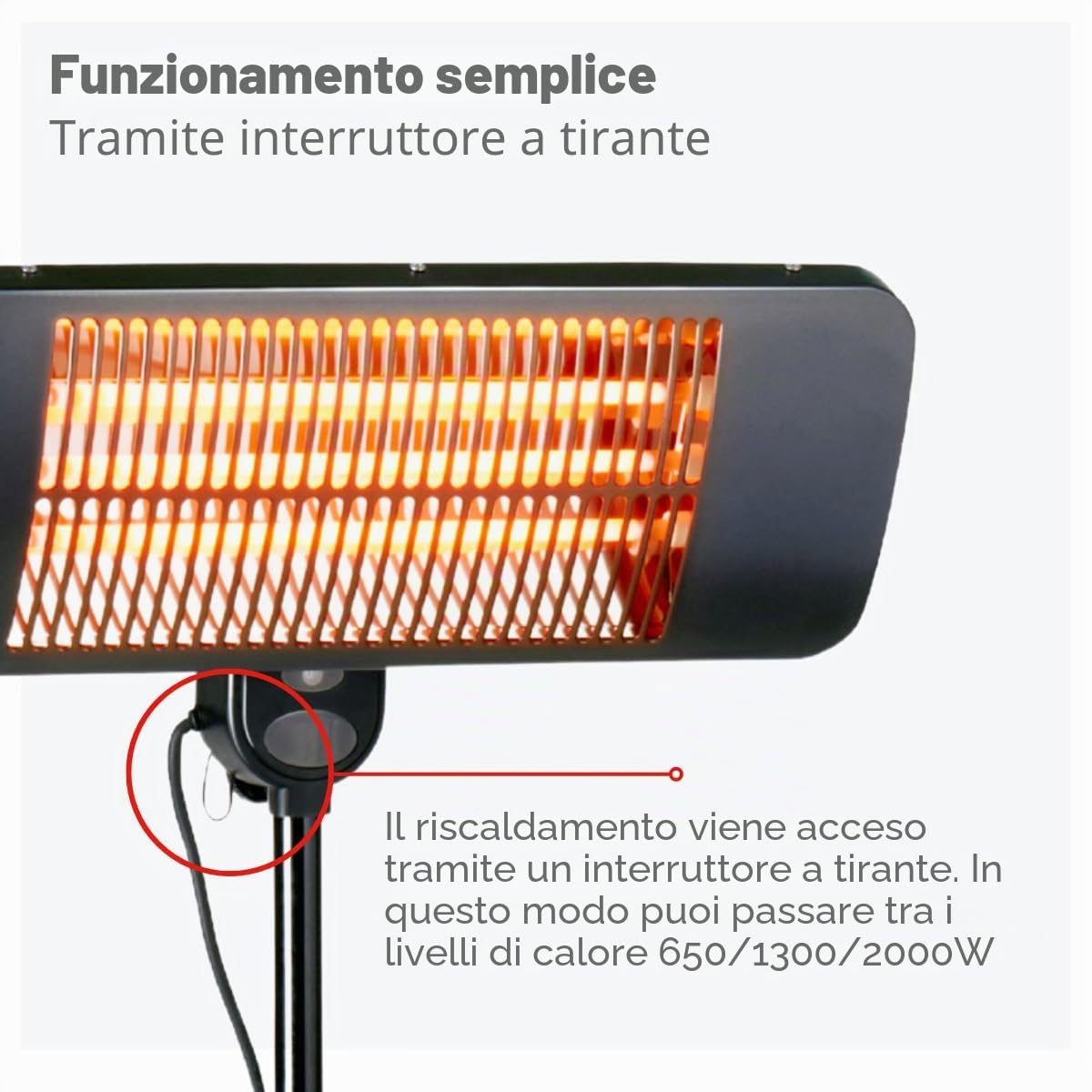 alpina Riscaldamento a infrarossi, riscaldatore per terrazze, 2000 W, 3 livelli di riscaldamento, resistente agli spruzzi, IP24, con lampada a infrarossi, riscaldatore per terrazze, radiatori