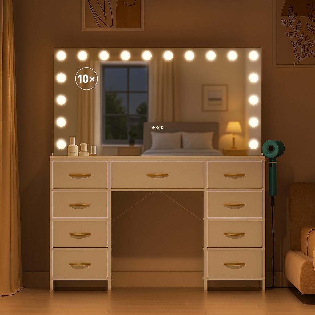 COMHOMA Vanity Desk with Large Mirror,15 LED Bulbs and Power Outlet,Makeup Table with 9 Storage Drawers and HD Mirrors,3 Color Modes Adjustable Lighting for Bedroom Dressing Room (White, 47inch)
