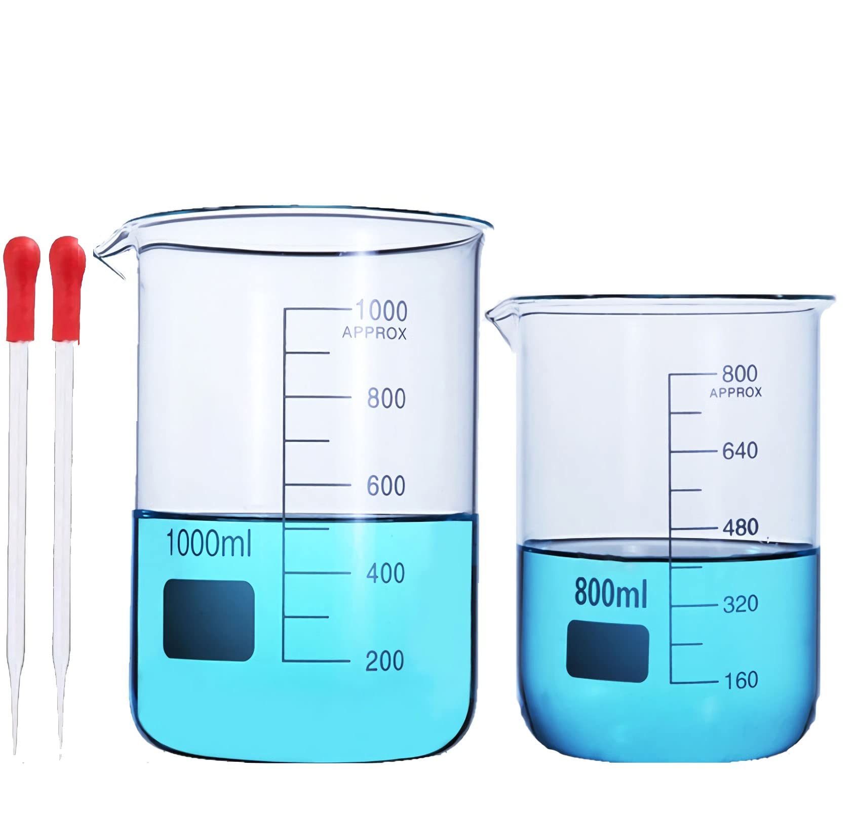 Juego de vasos de precipitados de vidrio, tazas medidoras graduadas, vasos de precipitados de forma baja con pipetas de vidrio, jarra medidora transparente con pico, recipiente de almacenamiento de