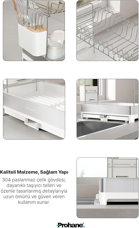 INOX MASTER KD410 | Genişletilebilir 2 Katlı Bulaşıklık | 304 Paslanmaz Çelik | Su Tahliyeli Tezgah Üstü Kurutmalık