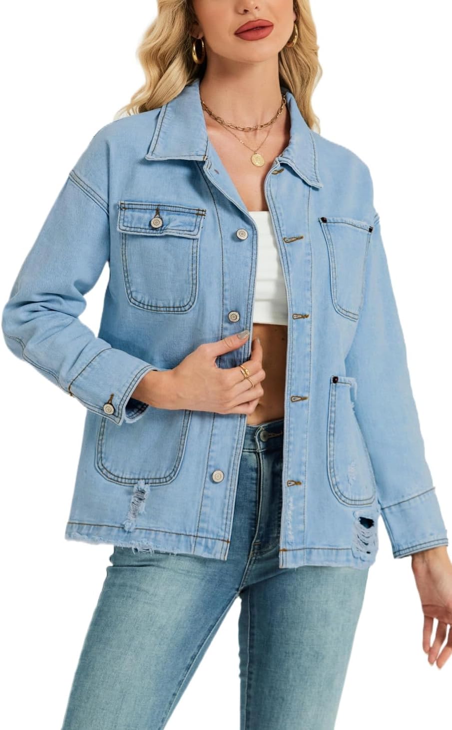 EZAPINE Women Long Sleeve Denim Jacket Button Down Oversized Jean Jacket Jean Shirt