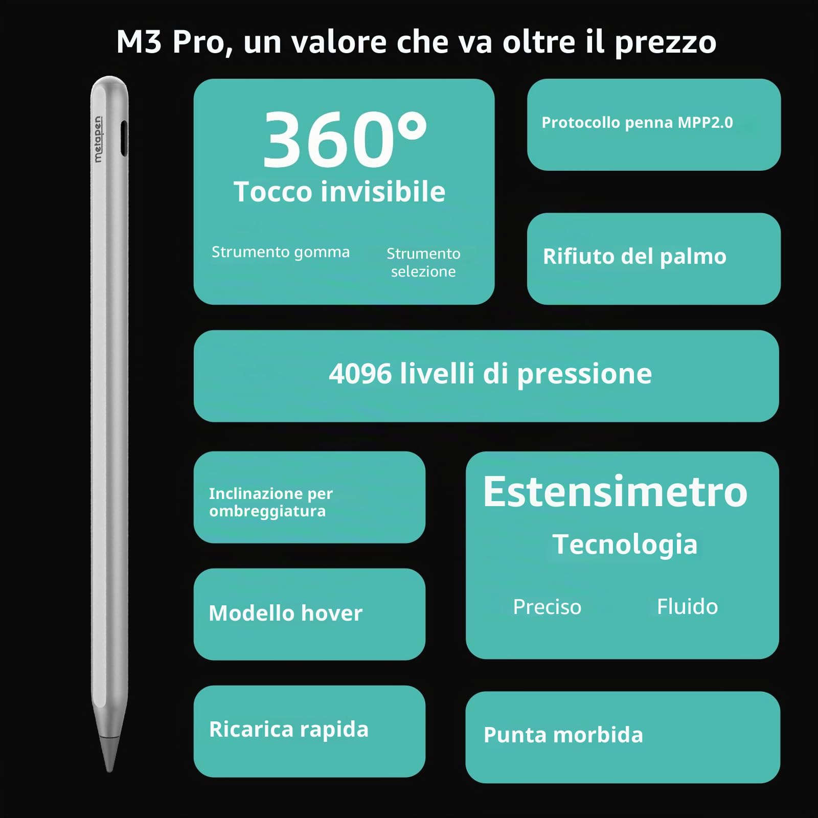 Metapen Penna Stilo M3 per Microsoft Surface a Pulsante Touch 360°,4096 Livelli,Inclinazione & Rifiuto del Palmo per Surface Pro X/9/8/7/6/5/4,Surface Go,Laptop,Studio, Book,Duo,ASUS VivoBook,HP Envy