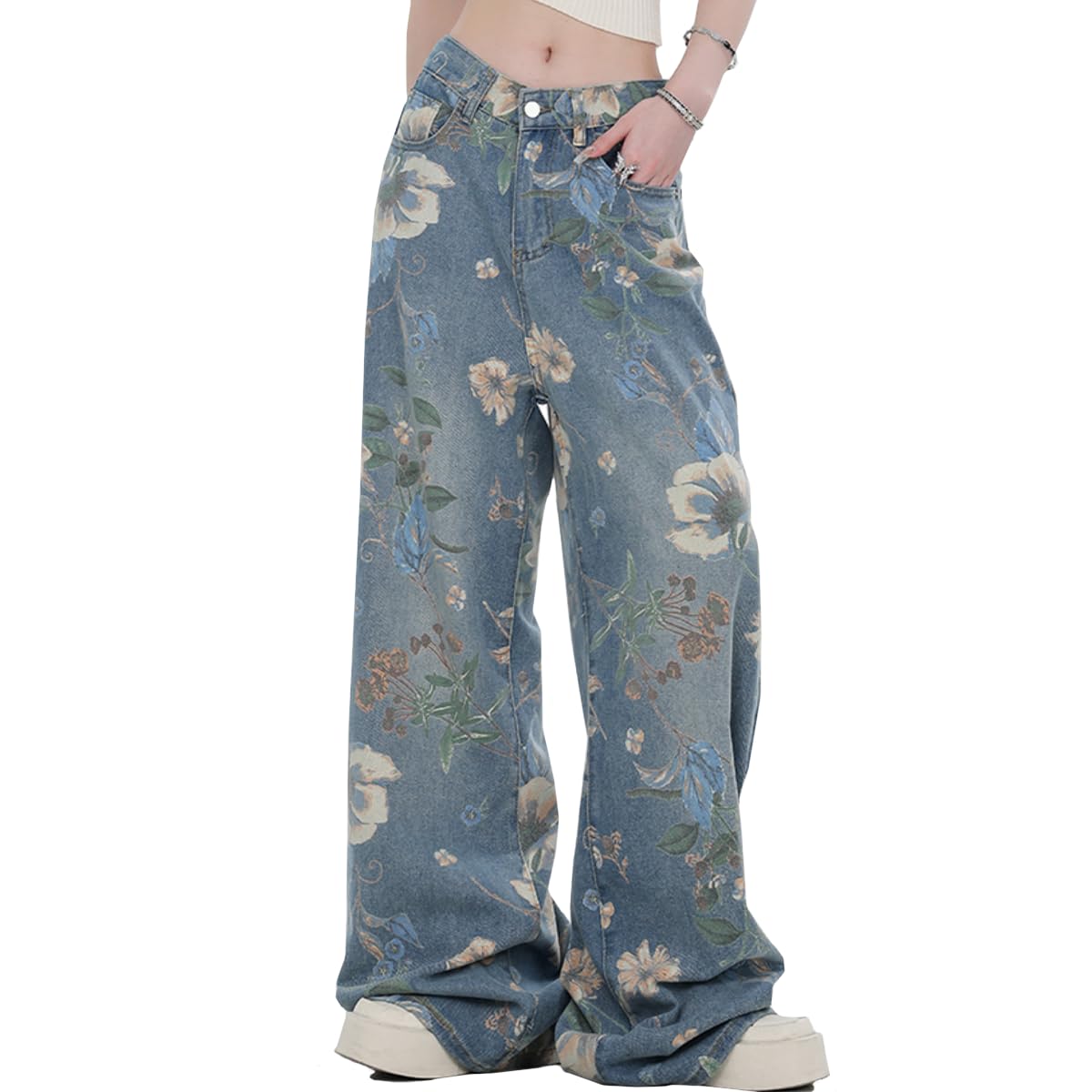 kakarin choyx Women's Fashion High Waist Wide Leg Denim Pants Casual Y2K Streetwear Vintage Flowers Printed Baggy Jeans