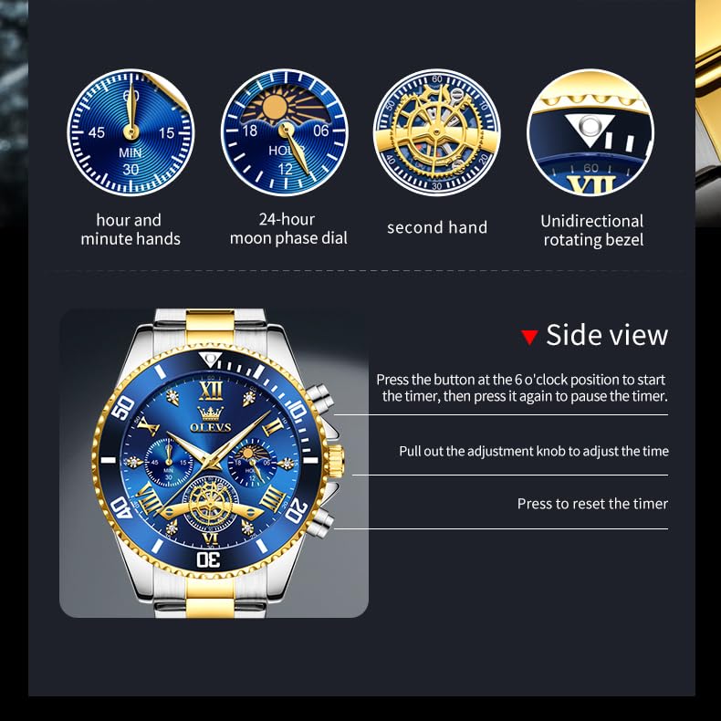 Image of OLEVS Mens Watches Chronograph Luxury Dress Moon Phase Two Tone Stainless Steel Waterproof Luminous Business Calendar Wrist Watch