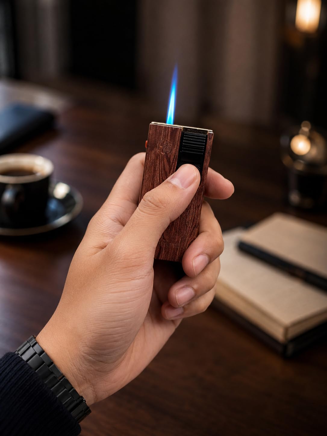 Fiinow Windproof Cigarette Lighter, Wood Grain Finish, Side Roller Ignition, Compact Smoking Accessory-image-16