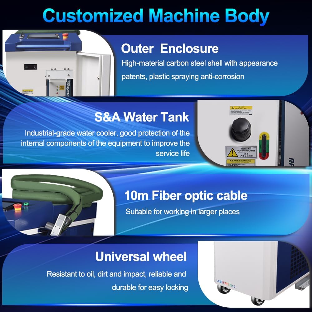 Customized machine body features: outer enclosure, S&A water tank, 10m fiber optic cable, and universal wheels.