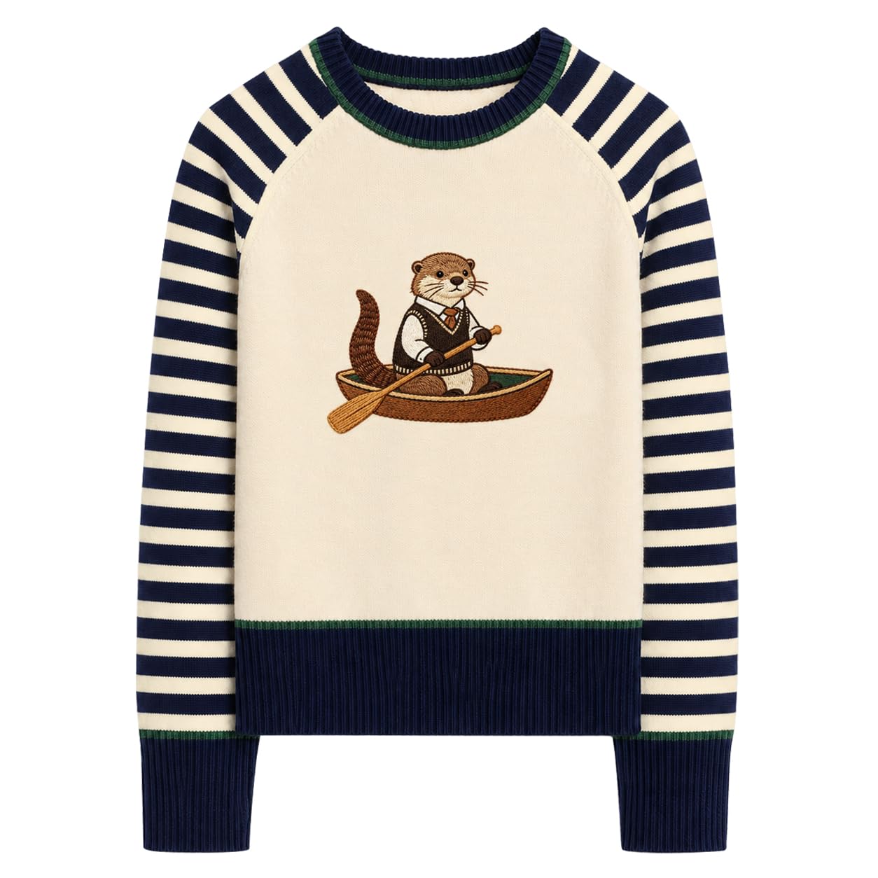 OXKnit Jersey de punto raglán para mujer con diseño de nutria bordado en bote de remos, a rayas, cuello redondo, manga larga, suéter informal