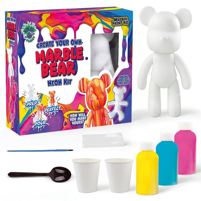Splat Planet DIY Fluid Marble Bear Kit Acrylic Paint Pouring Set for Kids & Adults | Drip Art Craft Kit & Creative Gift | Paint Your Own Marble Effect Bear (Neon Kit)