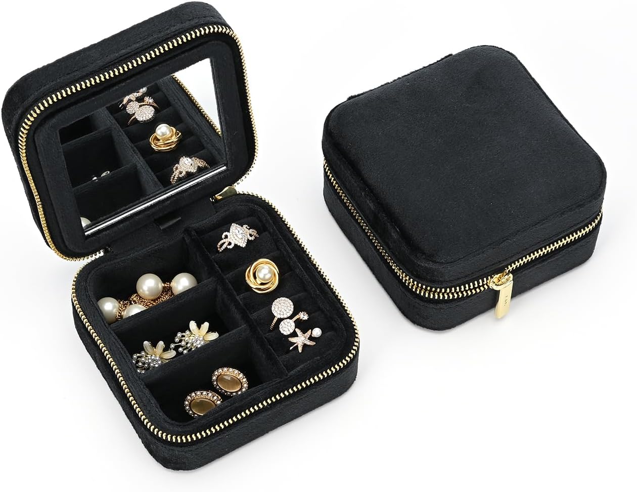 TAIMY Velvet Travel Jewelry Box with Mirror Unisex Portable Jewelry Organizer for Rings Earrings Necklaces Compact Gift Ready Velvet Case for Women and Men (Black)