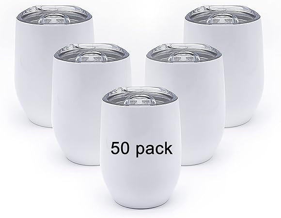 12 oz Stainless Steel Wine Tumbler Glass Bulk with Lid and Straw, Double Wall Vacuum Insulated Travel Tumbler Cup Stemless for Hot and Cold Drinks Coffee, Wine, Cocktails,Drink (50 Pack)
