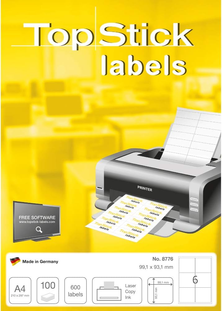 TopStick 8776 Parcel Shipping Paper Labels, 6 Labels Per A4 Sheet, 99.1 x 93.1 mm, 600 Labels, Self Adhesive, Stickers for Laser and Inkjet Printers, White