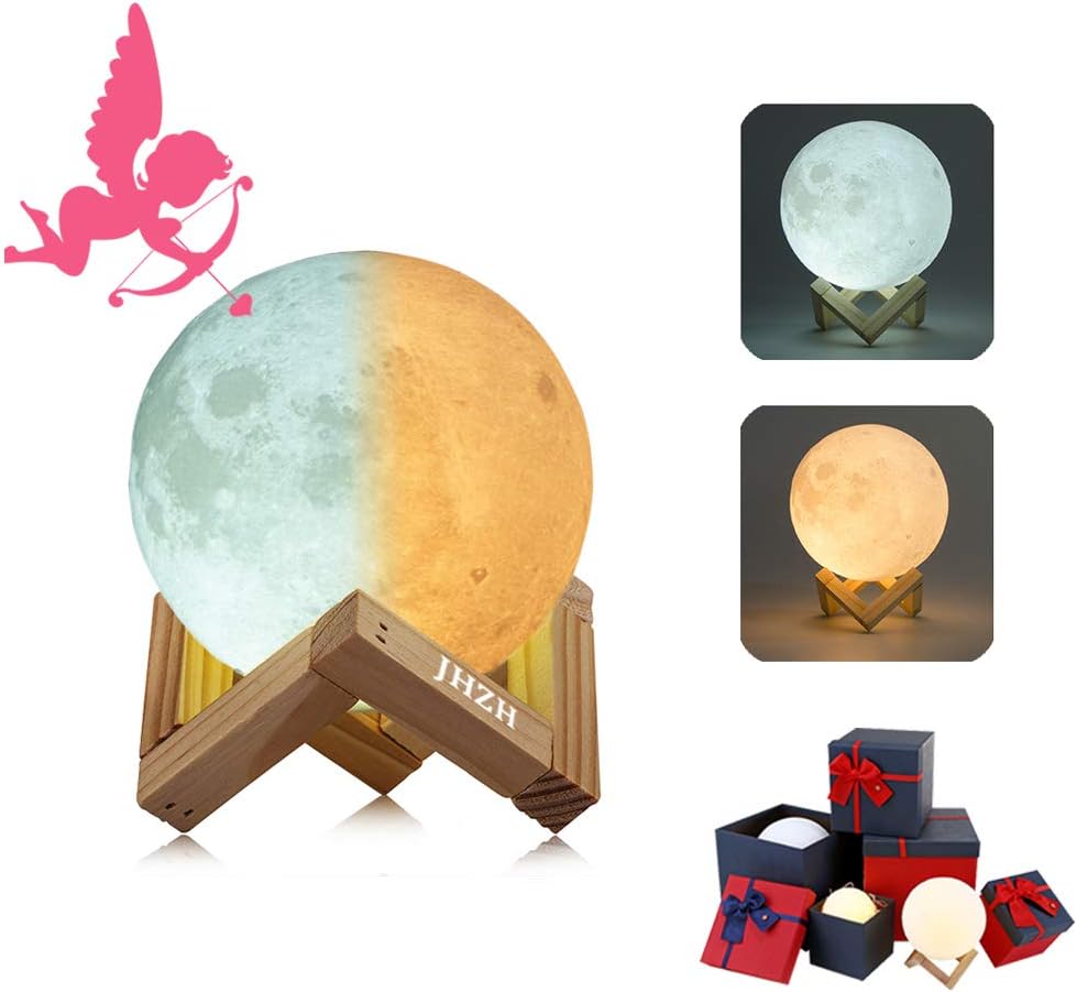 Moonlight 3D Printed Moon Lamp | Touch Control Adjustable Brightness & 2 Selectable Light Option (Warm Yellow & Cool White) with Solid Wooden Holder/Stand | USB Charging (20 cm / 7.9 in)