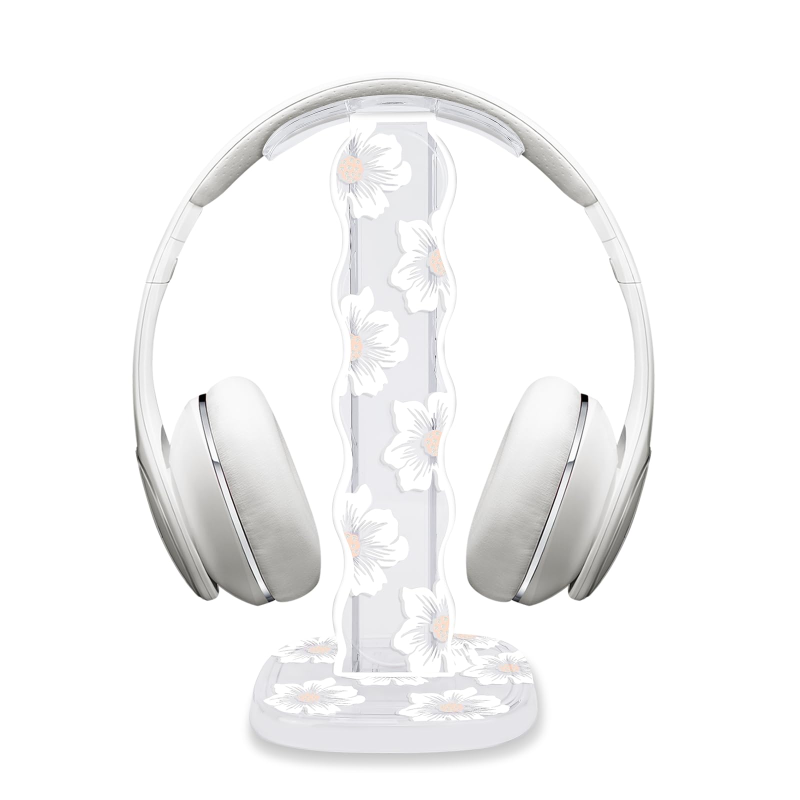 CamyCosy Headphone Stand Gaming Headset Holder for Desk,Unique White Camellia Pattern Clear Earphone Stand Cellphone Stand Desk Accessories for All