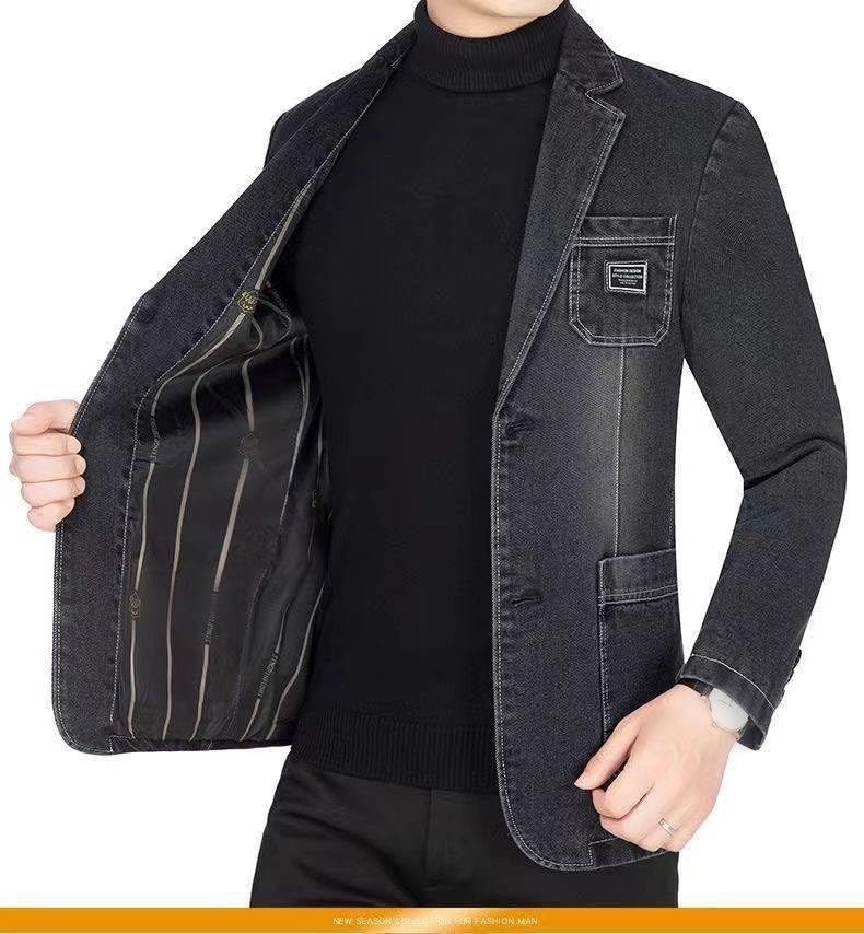 Blazer Vaquero para Hombre Elegante Informal Chaqueta Deportiva con Solapa De Muesca Dos Botones Blazer De Negocios Chaqueta Vaquera Sastrería para Hombre Chaqueta De Traje Vaquero Desgastada para