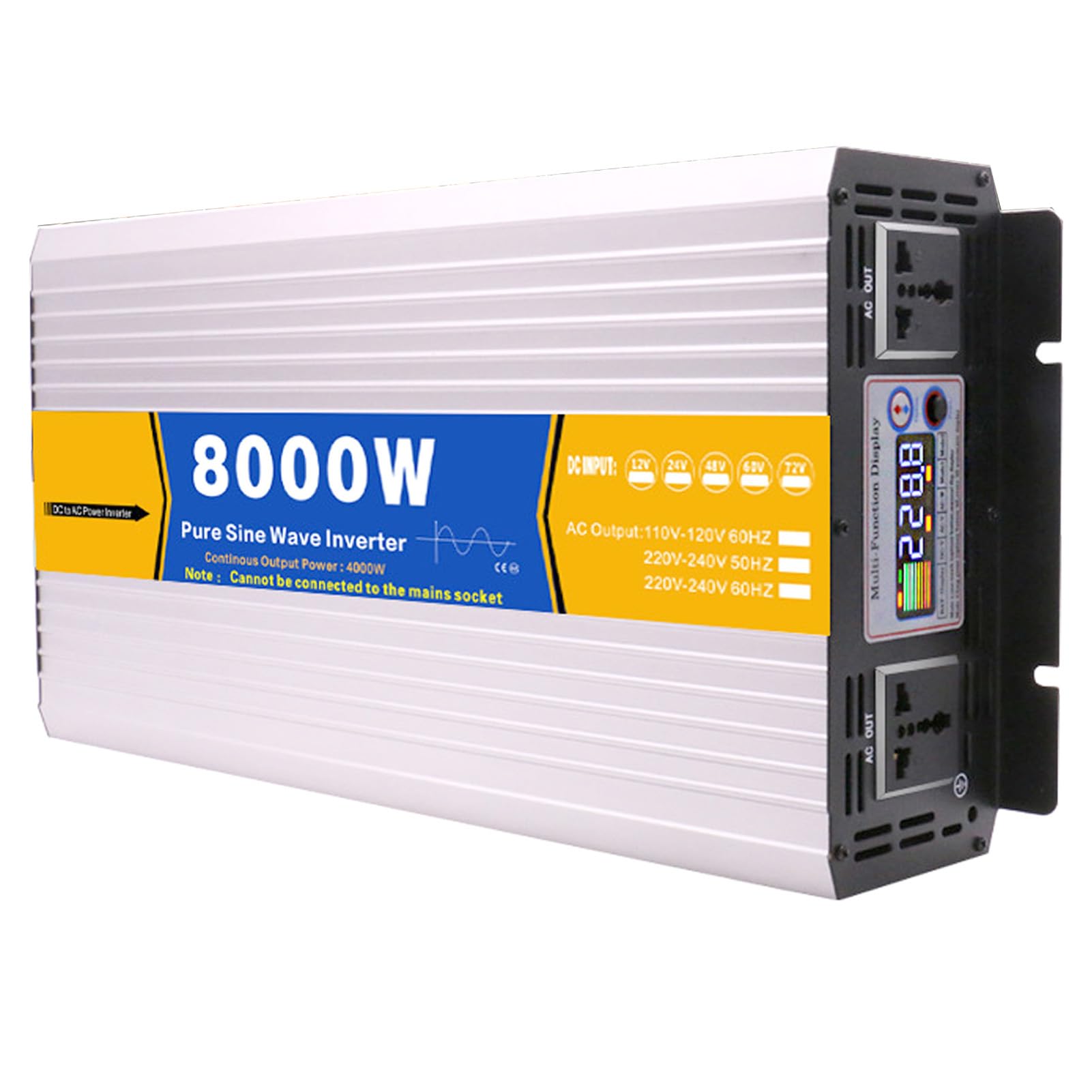 Inverter da 8000W, Ingresso CC 12V/24V/48V/60V/72V, Uscita CA 110V/230V , Inverter a Onda Sinusoidale Pura per Camion, Casa, Veicoli, Convertitore Inverter Solare a Bassa Frequenza(Size:60v to 230v)