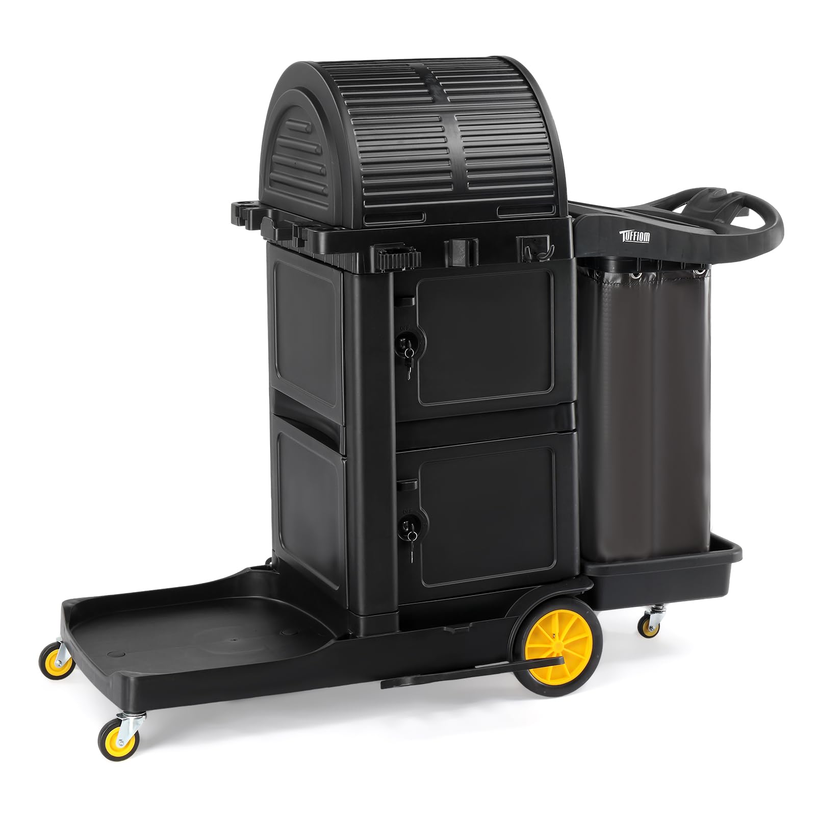 TUFFIOM Janitorial Cart with Key-Locking Cabinet, 3-Shelf Commercial Cleaning Cart with Wheels, Housekeeping Caddy with Locker, Black, Great for Hotel, Stores, Schools, and Business