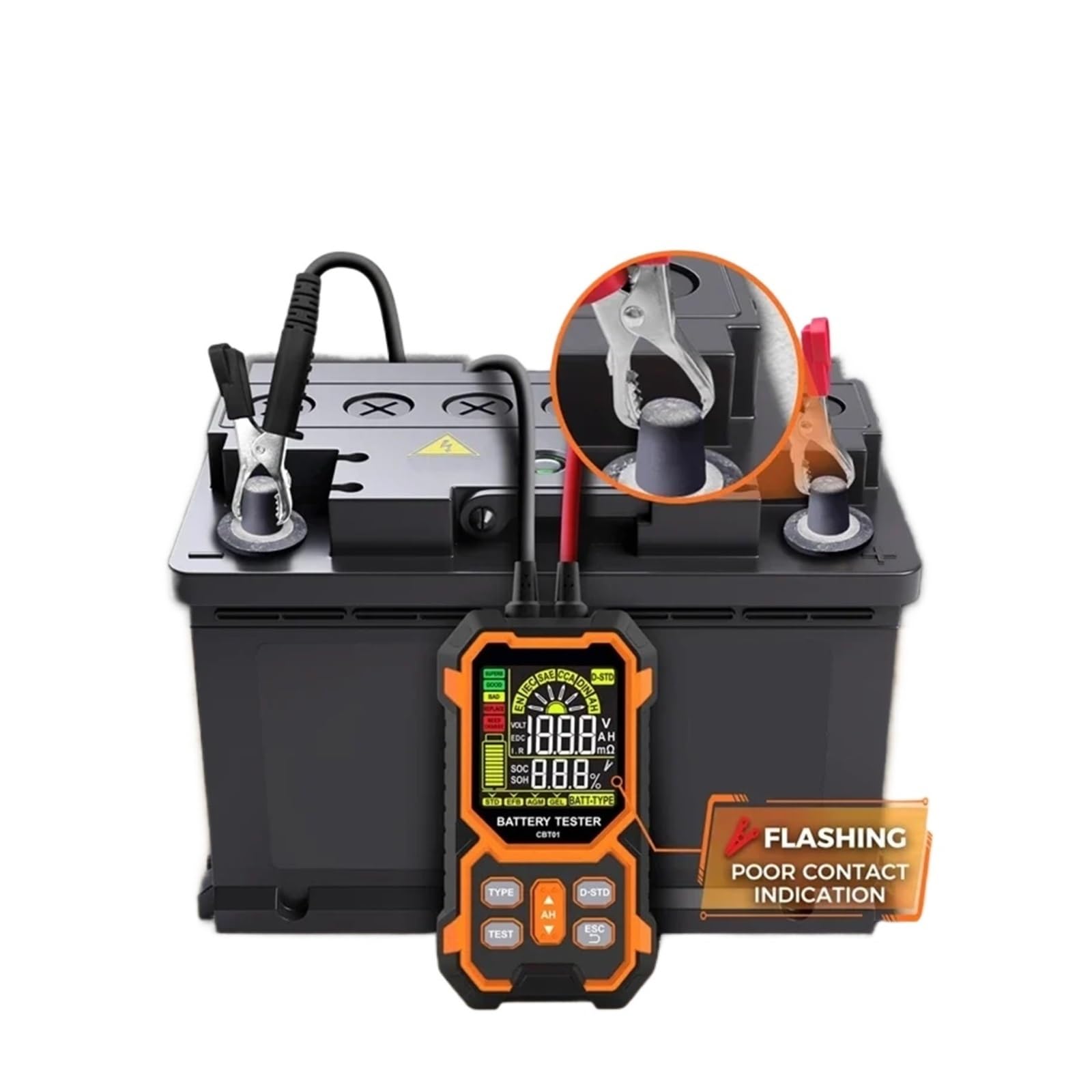 Tester baterii, CBT01 12V/24V Cyfrowy tester akumulatorów samochodowych DC 8-30V Narzędzie we do samochodów, motocykli, łodzi, SUV-ów, ciężarówek Analizator akumulatorów kwasowo-ołowiowych