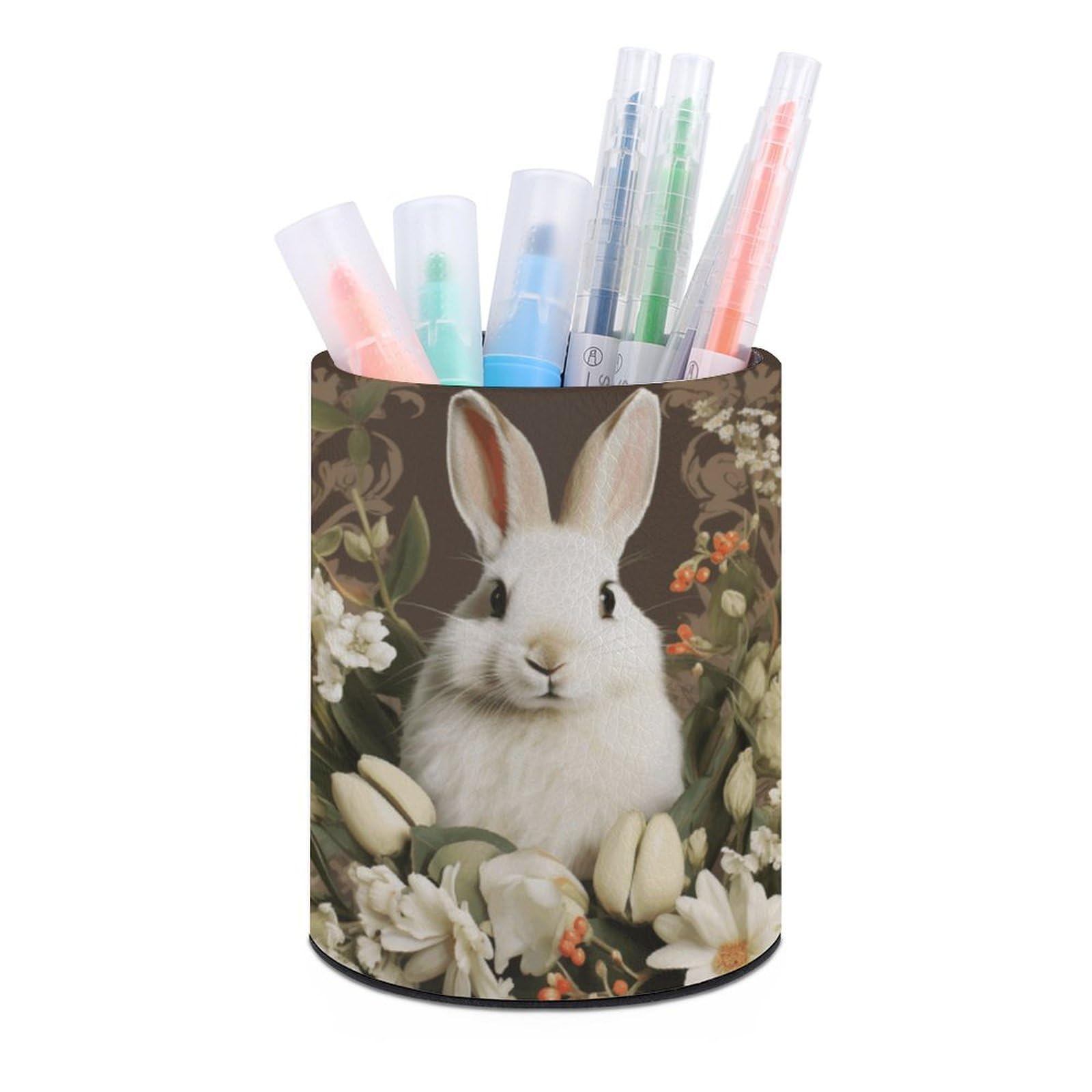 JTREHY Round Pen Holder,A Beautiful White Rabbit Printed Makeup Brush Storage Box for Home Office Dressing Table