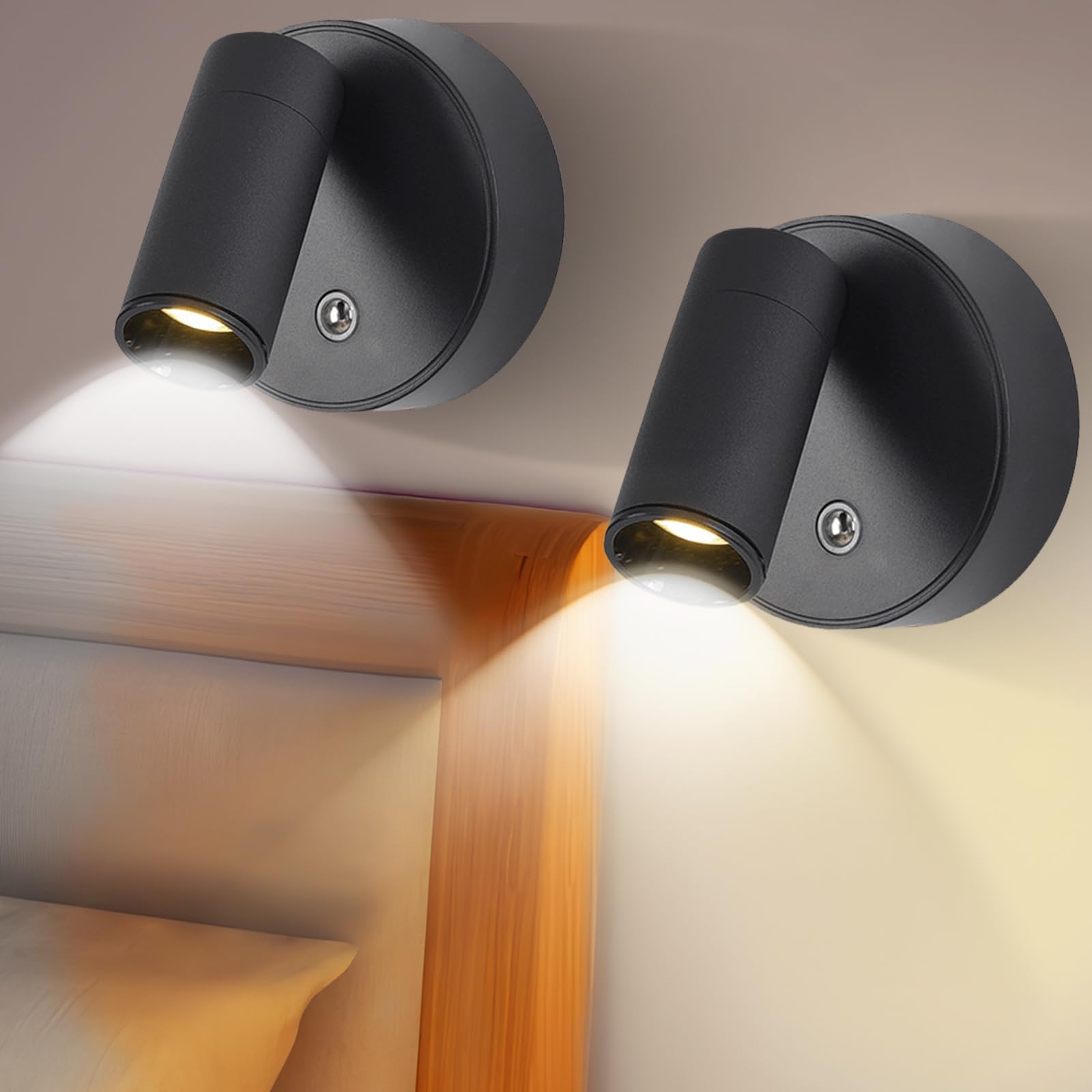 2 lámparas de lectura montadas en la pared, lámpara de pared LED para interiores, lámpara de pared inalámbrica, 3 modos de color regulable, atenuación continua con interruptor táctil regulable y