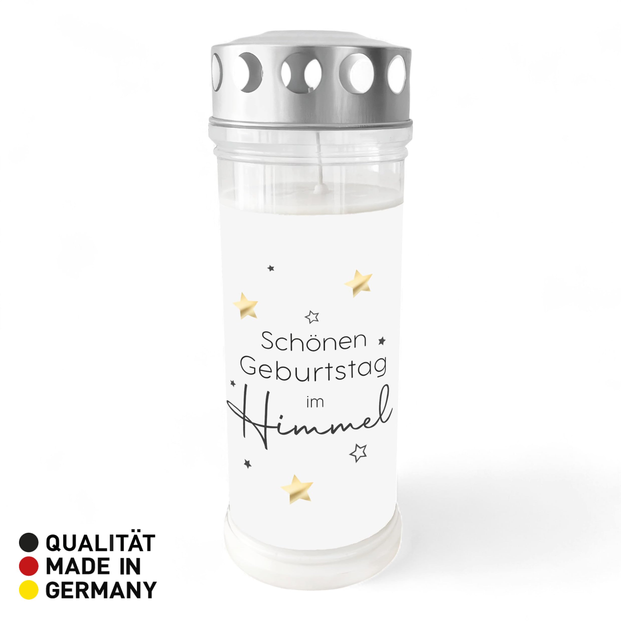 Grablicht 'Schönen Geburtstag im Himmel' | 7-Tagebrenner | Grabdekoration für eine Gedenkstätte | Trauerkerze | UV-Beständig | 21cm