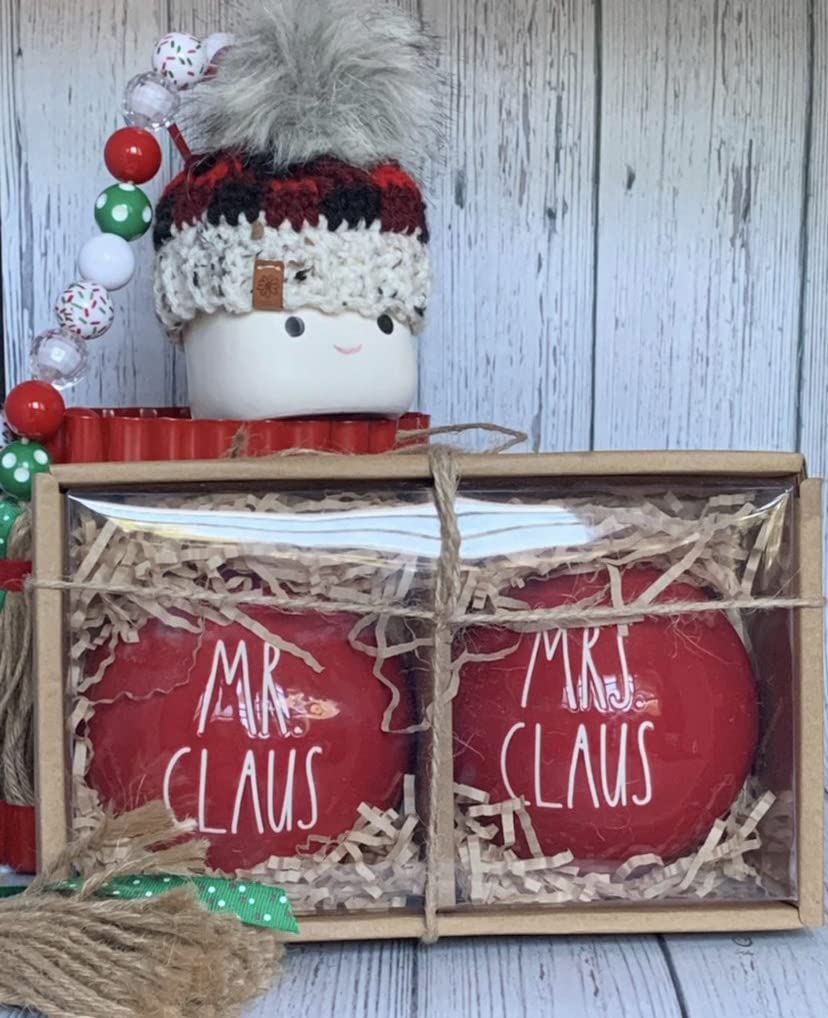 Rae Dunn Set of 2 Red Ball Christmas Ornaments, Mr. Claus & Mrs. Claus Ceramic Holiday Ornaments for Christmas Tree with White Hanging Ribbon