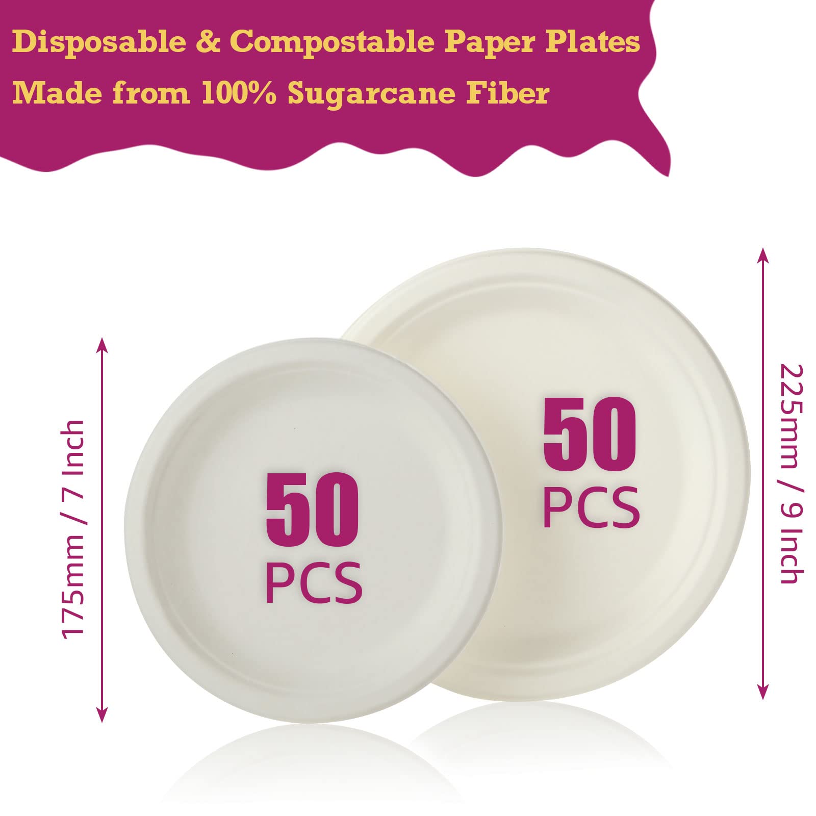SENENQU Juego de vajilla desechable biodegradable, 250 piezas, kit de vajilla de bagazo compostable que incluye platos de papel de 7 y 9 pulgadas, tenedores, camping, picnic