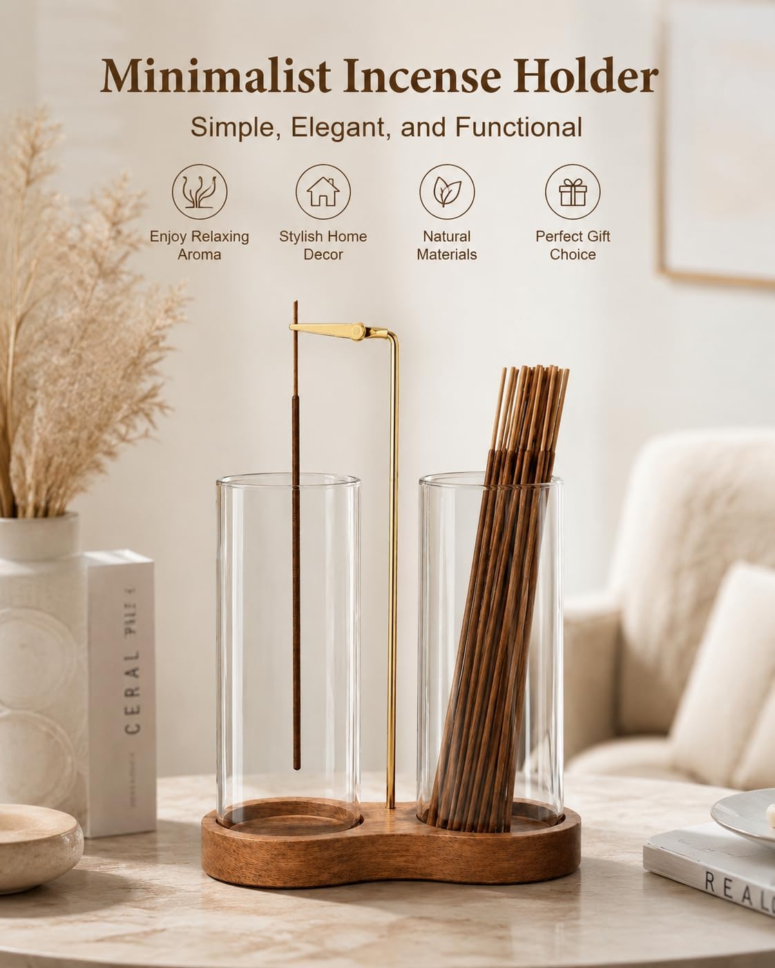 2-in-1 Upside Down Incense Holder with Glass Ash Catcher, Includes 25 Incense Sticks, Wooden Inverted Incense Stick Burner with Storage, Brush and Anti-Slip Pads
