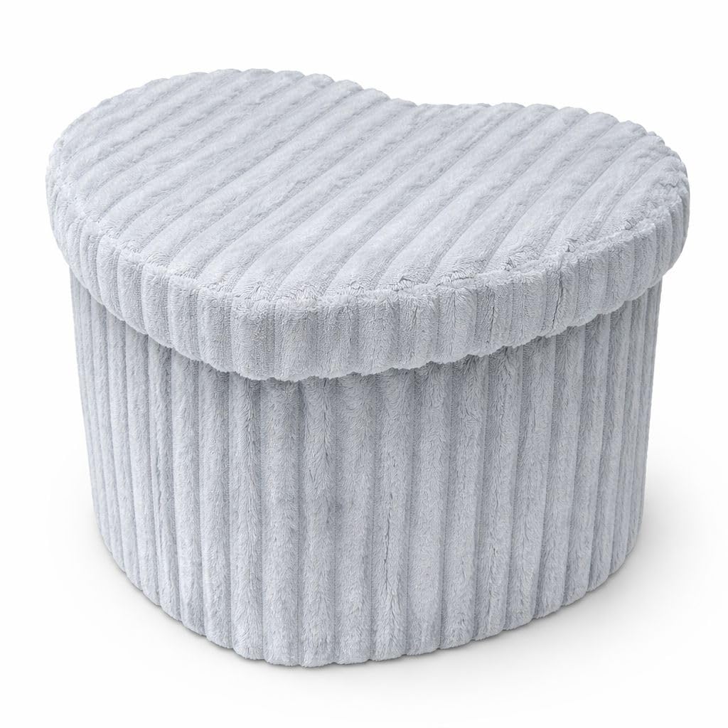 INSAFIANS Foldable Ottoman Storage Box with Lid – Footstool Bench Bedroom Living Room Entryway Seating Toy Chest (Corduroy Heart Slvr Med)