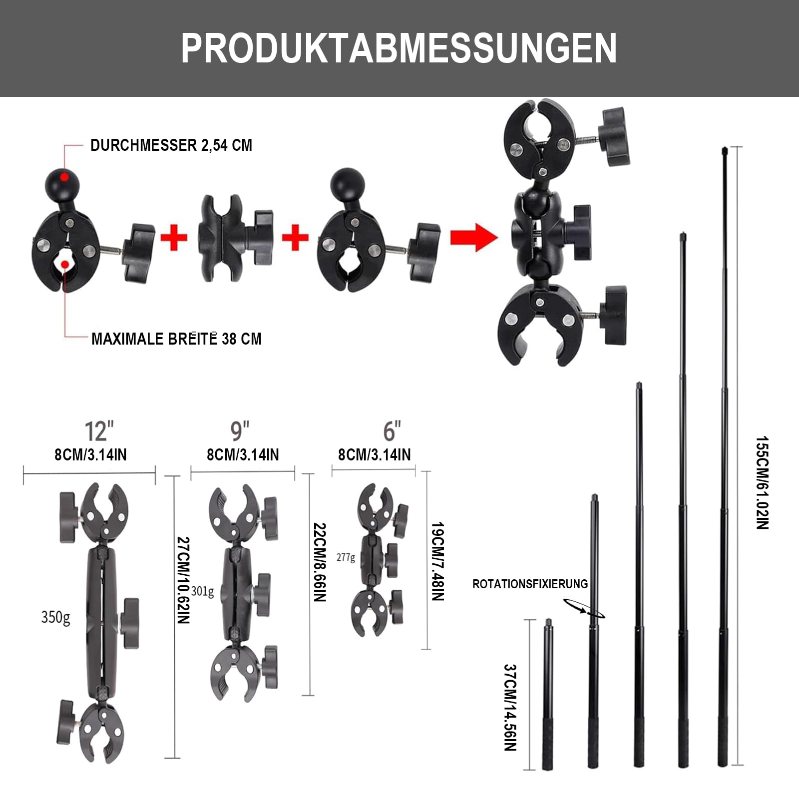 Motorrad Kamera Halterung Set mit Stützklemme und Selfie Stab Double Clamp