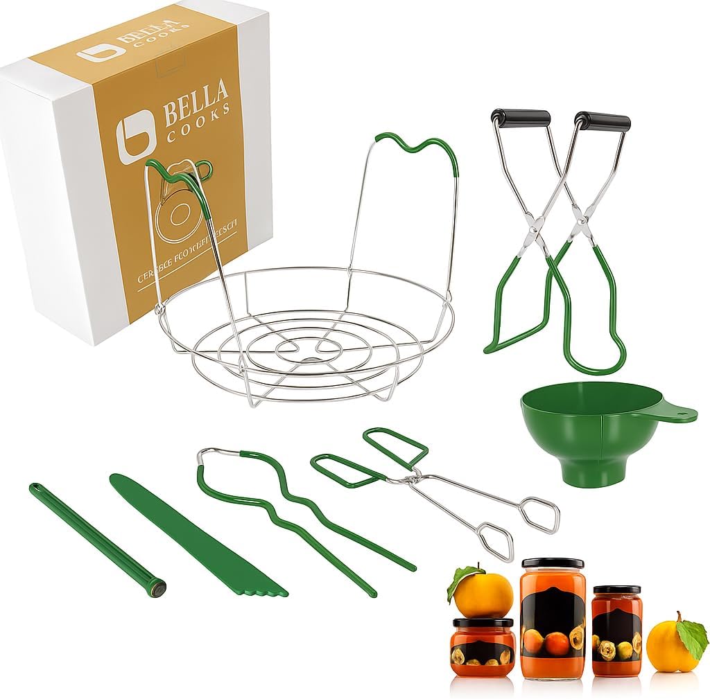𝐁𝐞𝐥𝐥𝐚 𝐂𝐨𝐨𝐤𝐬 Canning Supplies 7 in 1 – Canning Starter Kit with Funnel, Rack, Jar Lifter, Tongs, Wrench & More Essential Canning Equipment for Water Bath & Pressure Canners
