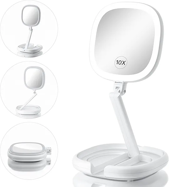 Beautifive 6.3” Makeup Mirror with Light and Magnification, 10X/1X Light Up Makeup Mirror Lighted Make Up Mirror with Adjustable Height Double Sides Folding Magnifying Mirror with Light