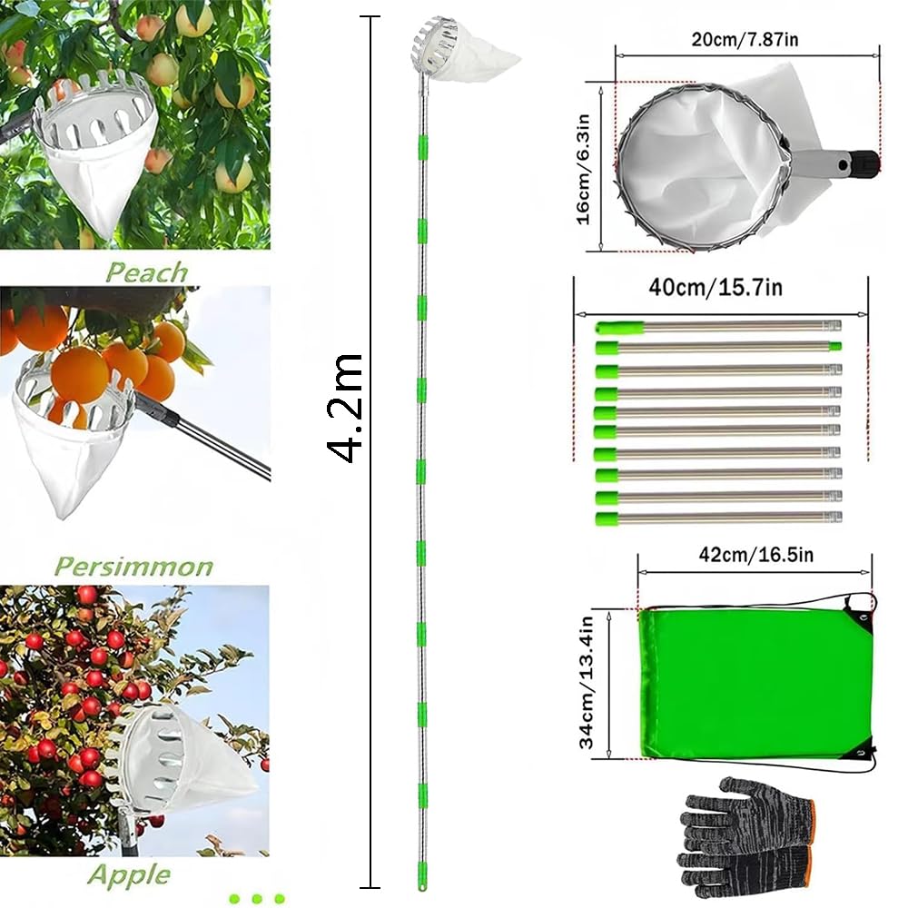 420cm Ramasse Fruit INOX, Cueille Fruit Con Perche, Cueilleur Fruits Amovible, Cueille Cerise, Cueille Pomme, Cueille Fruit, Outil Cueillette Jardin， Cueille-Fruits avec Sac, Ramasse Pomme